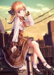  1girl absurdres ahoge black_footwear black_ribbon blonde_hair blue_eyes blurry blurry_background blush bobby_socks brown_sailor_collar brown_skirt building clouds commentary_request depth_of_field foot_dangle frilled_skirt frills hair_ribbon hand_up highres long_hair long_sleeves looking_at_viewer n2_(yf33) original outdoors parted_lips plaid plaid_sailor_collar plaid_skirt power_lines ribbon sailor_collar school_uniform serafuku shirt shoes sitting skirt sky socks solo sunset twintails white_legwear white_shirt 