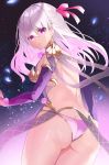  1girl armor ass bangs bikini_armor blush breasts collar dress earrings fate/grand_order fate_(series) hair_ribbon highres jewelry kama_(fate/grand_order) large_breasts long_hair looking_at_viewer metal_collar purple_dress purple_legwear ribbon ring silver_hair solo thigh-highs thighlet tukise_33 