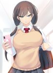  1girl bag bangs blue_eyes breasts brown_hair cellphone highres large_breasts long_hair looking_at_viewer low_twintails mole mole_under_eye necktie original phone pleated_skirt school_bag school_uniform shiki_(psychedelic_g2) skirt smartphone solo twintails vest 