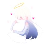  1girl bangs closed_eyes cropped_torso eyebrows_behind_hair hair_over_one_eye halo heart long_hair long_sleeves off-shoulder_sweater off_shoulder original pillow pillow_hug shimmer sleeves_past_wrists solo sweater upper_body very_long_hair white_background white_hair white_sweater 