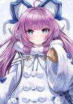  1girl absurdres animal_ears azur_lane blue_eyes blush coat dress eyebrows_visible_through_hair fake_animal_ears fur_trim hair_ornament hair_ribbon highres long_hair long_sleeves looking_at_viewer ponytail purple_hair ribbon ryara_vivi sleeves_past_wrists solo sweater tashkent_(azur_lane) very_long_hair white_coat 