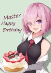  1girl black_shirt breasts cake collared_shirt fate/grand_order fate_(series) food fruit hair_over_eyes kinyoubi_no_nangong_da large_breasts long_sleeves mash_kyrielight necktie open_mouth pink_hair shirt short_hair solo strawberry tank_top violet_eyes 