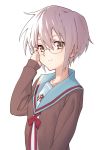  1girl anco8pizz black_jacket blue_collar brown_eyes collar collarbone commentary expressionless glasses hand_in_hair hand_up highres jacket kadokawa_shoten kuudere kyoto_animation looking_at_viewer nagato_yuki nagato_yuki-chan_no_shoushitsu neutral purple_hair ribbon sailor_collar school_uniform serafuku shirt short_hair solo suzumiya_haruhi_no_yuuutsu upper_body white_shirt 