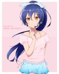  1girl blue_hair blue_skirt bra_strap headset herujo highres love_live! pink_shirt ponytail shirt skirt solo sonoda_umi tagme 