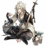  1boy ahoge black_footwear black_gloves boots braid collarbone crossed_legs cup fingerless_gloves gloves gourd hair_over_one_eye holding holding_cup male_focus open_mouth original scabbard senano-yu sheath simple_background sitting smile solo sword weapon white_background white_hair yellow_eyes 