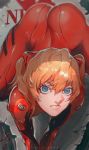  1girl all_fours ass blue_eyes bodysuit densen_(itoguchi) hair_between_eyes highres interface_headset long_hair looking_at_viewer neon_genesis_evangelion orange_hair plugsuit red_bodysuit shikinami_asuka_langley skin_tight solo souryuu_asuka_langley two_side_up 