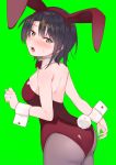  1girl absurdres animal_ears ass back bangs bare_shoulders black_hair blue_eyes blush bow bowtie breasts bunny_tail bunnysuit cowboy_shot detached_collar fake_animal_ears from_behind green_background highres hololive leotard looking_at_viewer looking_back medium_breasts oozora_subaru open_mouth pantyhose rabbit_ears red_leotard short_hair simple_background solo sweat tail tonari_no_kai_keruberosu virtual_youtuber wrist_cuffs 