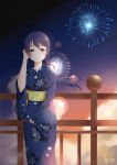  1girl absurdres fireworks highres love_live! night ponytail purple_hair robe smile solo sonoda_umi standing tagme yuki_(rfi5607) 
