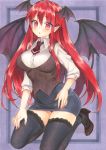  1girl :o ascot bangs black_footwear black_legwear black_panties black_skirt black_vest blush breasts commentary_request demon_tail demon_wings eyebrows_visible_through_hair hair_between_eyes head_wings high_heels highres koakuma large_breasts long_hair long_sleeves looking_at_viewer miniskirt mugicha_(mugicha0929) outside_border panties parted_lips pencil_skirt pointy_ears purple_background red_eyes red_neckwear redhead seiza shirt sidelocks sitting skirt solo tail thigh-highs thighs touhou traditional_media underwear very_long_hair vest white_shirt wings zettai_ryouiki 