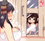  2girls :3 against_glass ahoge artist_logo bangs black_hair blue_eyes breasts brown_hair child closed_eyes commentary_request dated eyebrows_visible_through_hair hair_ornament highres kanon_(kurogane_knights) kantai_collection large_breasts multiple_girls naked_towel sauna shigure_(kantai_collection) short_hair steam sweat towel white_towel yamashiro_(kantai_collection) younger 