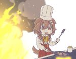  1girl bone_hair_ornament brown_eyes brown_hair chef_hat commentary cooking dog_girl eyebrows_visible_through_hair fire food frying_pan hat hololive inugami_korone kukie-nyan long_sleeves low_twin_braids solo spatula stove toque_blanche virtual_youtuber 