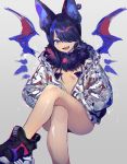  1girl animal_ears bare_legs bat_wings blue_hair crossed_legs ear_piercing fang fur_trim hands_in_pockets highres jacket looking_at_viewer natsuiro_xx one_eye_covered open_clothes open_jacket original piercing shoes short_hair simple_background sneakers solo tongue_piercing wings 