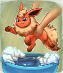  bath brown_eyes closed_mouth commentary creature dirty english_commentary flareon gen_1_pokemon holding holding_pokemon motion_lines otakuap pokemon pokemon_(creature) solo_focus water 