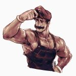  1boy armpit_hair chest_hair commentary david_liu english_commentary facial_hair gloves hat highres male_focus manly mario super_mario_bros. muscle mustache overalls shirtless solo super_mario_bros. sweat thick_eyebrows upper_body white_gloves 