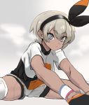  1girl black_bodysuit black_hairband bodysuit bodysuit_under_clothes chagama_teishoku covered_navel dark_skin gloves grey_background grey_eyes grey_hair gym_leader hairband knee_pads orange_gloves pokemon pokemon_(game) pokemon_swsh print_shorts pursed_lips saitou_(pokemon) shorts steaming_body sweat thighs two-tone_gloves 