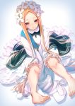  1girl abigail_williams_(fate/grand_order) artist_request bangs barefoot black_skirt blonde_hair bloomers blue_eyes blush braid breasts closed_mouth dress fate/grand_order fate_(series) feet forehead french_braid heroic_spirit_festival_outfit keyhole layered_skirt legs long_hair looking_at_viewer maid maid_headdress parted_bangs sash sidelocks sitting skirt sleeves_past_fingers sleeves_past_wrists small_breasts toes underwear white_dress 