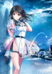  1girl black_hair bow breasts city clouds dress dress_shirt gloves hair_between_eyes leaning leaning_to_the_side long_hair open_mouth original rain reflection ribbon shirt shooting_star solo tiv white_dress white_gloves yellow_eyes 