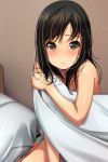  1girl absurdres bangs bed black_hair blush brown_eyes closed_mouth covering eyebrows_visible_through_hair highres light_smile long_hair looking_at_viewer matsunaga_kouyou naked_sheet nose_blush nude_cover on_bed original pillow solo 