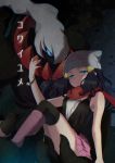  1girl beanie blue_eyes blue_hair breasts cover cover_page darkrai doujin_cover dress hair_ornament hat long_hair looking_at_viewer mokorei platinum_berlitz pokemon pokemon_(creature) pokemon_special scarf simple_background skirt thigh-highs 