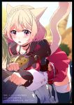  1boy 1girl animal_ears bangs blonde_hair blurry blurry_background blush braid cat_ears cat_tail day final_fantasy final_fantasy_xiv highres hyur lili_mdoki lying lying_on_person miqo&#039;te on_back outdoors red_eyes short_hair tail thigh-highs 