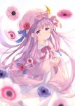  1girl anemone_(flower) blue_ribbon blurry blush closed_mouth crescent depth_of_field dress floating_hair flower hair_flower hair_ornament hair_ribbon hands_clasped hat hat_flower interlocked_fingers long_hair long_sleeves looking_at_viewer mimi_(mimi_puru) mob_cap nail_polish neck_ribbon own_hands_together patchouli_knowledge pink_headwear pink_nails pink_ribbon purple_hair ribbon sad solo tears touhou very_long_hair violet_eyes white_background white_dress 