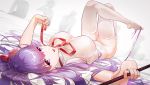  1girl bangs bare_shoulders bb_(fate)_(all) bb_(swimsuit_mooncancer)_(fate) blush breasts fate/grand_order fate_(series) large_breasts legs legs_up leotard long_hair looking_at_viewer luomo lying neck_ribbon on_back open_mouth purple_hair red_ribbon ribbon solo thigh-highs thighs very_long_hair violet_eyes white_legwear white_leotard 