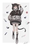  1girl animal_ears artist_name black_choker black_hair black_legwear blue_eyes choker earrings fake_animal_ears hand_in_pocket highres hood hood_up hooded_jacket jacket jewelry kirudai multicolored_hair original shoes short_hair sneakers solo strap streaked_hair stud_earrings white_footwear 