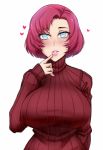  1girl blush breasts commentary finger_to_mouth grey_eyes heart large_breasts lipstick long_sleeves looking_at_viewer makeup mole mole_under_eye original parted_lips pink_hair pink_lipstick red_sweater ribbed_sweater short_hair simple_background sleeves_past_wrists solo sweater symbol_commentary turtleneck turtleneck_sweater twrlare upper_body white_background 