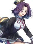  1girl :d glaive haru_hikoya kantai_collection looking_at_viewer mechanical_halo neck_ribbon open_mouth purple_hair red_ribbon ribbon school_uniform short_hair simple_background smile solo tatsuta_(kantai_collection) violet_eyes white_background 