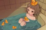  1girl :d bathing bathtub brown_eyes brown_hair child hatoba_tsugu hatoba_tsugu_(character) inchore mole mole_under_eye open_mouth partially_submerged rubber_duck short_hair sitting smile solo 