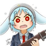  1girl animal_ears avatar_icon blue_hair chamaji collared_shirt commentary eyebrows_visible_through_hair gun hat holding holding_gun holding_weapon jacket light_blue_hair looking_at_viewer lowres moon_print necktie open_mouth rabbit_ears red_eyes red_neckwear reisen rifle shirt short_hair signature solo sweatdrop touhou weapon white_background 