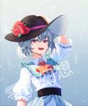  1girl bangs black_headwear check_copyright commentary_request dress eyebrows_visible_through_hair flower grey_hair hat hat_flower ling_huanxiang looking_at_viewer open_mouth red_eyes red_flower short_sleeves silver_hair solo touhou translation_request upper_teeth white_dress 