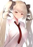  1girl alternate_costume azur_lane blush breasts eyebrows_visible_through_hair formidable_(azur_lane) hair_ribbon highres large_breasts long_hair long_sleeves looking_at_viewer necktie red_eyes ribbon shirt simple_background solo twintails very_long_hair white_shirt yk_(pixiv43531291) 