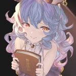  1girl animal_ears bangs betabeet blue_hair blush book brooch brown_eyes closed_mouth commentary english_commentary erune eyebrows_visible_through_hair ferry_(granblue_fantasy) granblue_fantasy hair_between_eyes holding holding_book jewelry lips long_hair looking_at_viewer rabbit_ears shirt single_earring sleeveless sleeveless_shirt solo translation_request upper_body wavy_hair 