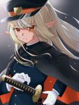  1girl belt black_background black_cloak black_headwear blonde_hair blue_coat breasts cloak closed_mouth coat cowboy_shot expressionless eyebrows_visible_through_hair gloves hat highres hololive katana light long_hair long_sleeves looking_at_viewer medium_breasts military military_hat military_uniform moonbell peaked_cap pointy_ears ponytail red_eyes scabbard sheath sheathed shiranui_flare simple_background solo sword uniform virtual_youtuber weapon white_gloves wind 
