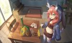  1girl animal_ears azur_lane black_skirt carpet chair chips commentary_request couch crop_top dragon_girl dragon_horns fake_animal_ears floppy_ears food from_above game_console green_eyes holding hood hooded_jacket horns indoors jacket living_room long_hair long_sleeves looking_at_viewer loungewear midriff miniskirt navel open_clothes open_jacket open_mouth orange_hair plant pleated_skirt pocky potato_chips potted_plant rabbit_ears ribbon ryuujou_(azur_lane) ryuujou_(slacking_samurai)_(azur_lane) skirt smile solo standing stomach sunlight table tail tail_ribbon television thigh-highs white_legwear wide_shot yu_ni_t zettai_ryouiki 
