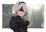  1girl absurdres back_cutout black_blindfold black_dress black_hairband blindfold blurry blurry_background border cleavage_cutout covered_eyes dress forest hairband highres juliet_sleeves long_sleeves mole mole_under_mouth nature nier_(series) nier_automata open_mouth puffy_sleeves silver_hair water waterfall white_border xtears_kitsune yorha_no._2_type_b 