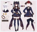  1girl bangs black_bow black_hair black_ribbon black_skirt blue_footwear blue_jacket blue_legwear blush boots border bow breasts character_sheet closed_mouth color_guide commentary_request eyebrows_visible_through_hair frilled_skirt frilled_sleeves frills gloves grey_border hair_ribbon hand_on_hip jacket long_hair long_sleeves looking_at_viewer medium_breasts multiple_views original outline red_eyes ribbon shirt skirt standing sutoroa thigh-highs thigh_boots translation_request two_side_up white_gloves white_outline white_shirt 