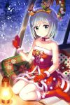  1girl alternative_girls animal_ears bare_arms bare_shoulders boots christmas christmas_ornaments deer_ears eyebrows_visible_through_hair gloves highres official_art orimiya_yui short_hair sitting smile snow snowing 