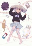  1girl absurdres ahoge black_hoodie blush candy cat cellphone chopsticks commentary_request cushion drawstring eyebrows_visible_through_hair food full_body gen_1_pokemon gengar grey_hair handheld_game_console highres hood hoodie lying makaino_ririmu medium_hair multicolored_hair navel nijisanji nintendo_switch no_shoes noodles on_back open_mouth phone pointy_ears pokemon red_eyes redhead sabamen skirt sleeves_past_wrists smartphone solo streaked_hair striped striped_legwear stuffed_toy thigh-highs twintails virtual_youtuber zettai_ryouiki 