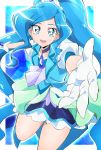  1girl blue_choker blue_eyes blue_hair choker cure_fontaine eyebrows_visible_through_hair gloves healin&#039;_good_precure highres long_hair looking_at_viewer magical_girl manji_(tenketsu) open_mouth ponytail precure sawaizumi_chiyu skirt smile solo white_gloves 