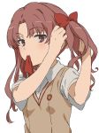  1girl brown_eyes brown_hair commentary_request hair_ribbon highres long_hair looking_at_viewer mouth_hold ribbon school_uniform shirai_kuroko simple_background solo sweater_vest teruya_(6w6y) to_aru_kagaku_no_railgun to_aru_majutsu_no_index tokiwadai_school_uniform twintails tying_hair upper_body white_background 