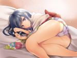  1girl artist_request ass black_hair floral_print hair_ornament highres indoors looking_at_viewer lying official_art on_bed on_side solo violet_eyes x_hair_ornament 