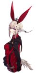  1girl animal_ears au_ra black_gloves closed_mouth earrings eyebrows_visible_through_hair fake_animal_ears final_fantasy final_fantasy_xiv gloves hachizowo highres horns jewelry looking_back rabbit_ears simple_background single_earring solo tail upper_body violet_eyes 