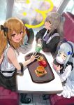  404_(girls_frontline) 4girls :3 :d absurdres alternate_costume apron bangs black_apron black_dress black_footwear black_shorts blunt_bangs blush boots brand_name_imitation brown_eyes brown_hair covered_mouth cup dress eyebrows_visible_through_hair facial_mark food french_fries g11_(girls_frontline) girls_frontline green_eyes grey_hair hair_between_eyes hair_ornament hairband hairclip hamburger hat hews_hack highres hk416_(girls_frontline) holding holding_cup holding_stuffed_toy huge_filesize indoors long_hair looking_at_viewer mini_hat multiple_girls one_side_up open_mouth paid_reward patreon_reward purple_hairband purple_headwear purple_neckwear ribbon scar scar_across_eye shirt shorts silver_hair sitting sleeping sleeveless sleeveless_shirt smile suspender_shorts suspenders table teardrop tearing_up twintails ump45_(girls_frontline) ump9_(girls_frontline) very_long_hair white_dress white_shirt younger 