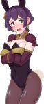  1girl animal_ears bernadetta_von_varley blush boris_(noborhys) bunny_tail detached_sleeves earrings fake_animal_ears fake_tail fire_emblem fire_emblem:_three_houses gloves grey_eyes hair_ornament highres jewelry leotard long_sleeves open_mouth pantyhose purple_hair rabbit_ears simple_background solo tail white_background yellow_gloves 