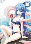  1girl :p aqua_(konosuba) aqua_hair bangs bikini blue_eyes blue_hair breasts cola highres kono_subarashii_sekai_ni_shukufuku_wo! long_hair mishima_kurone ocean official_art swimsuit thighs tongue tongue_out very_long_hair water 