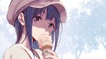  1girl bangs blue_hair brown_headwear covered_mouth eating hibike!_euphonium highres ice_cream_cone liz_to_aoi_tori long_hair maydcafe portrait solo symbol-only_commentary tree violet_eyes visor_cap white_background yoroizuka_mizore 