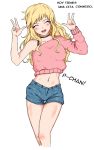  blonde_hair blush bra_strap breasts closed_eyes collar hunking-origin4l idolmaster idolmaster_cinderella_girls knees large_breasts long_hair navel ootsuki_yui open_mouth pink_shirt shirt short_shorts shorts standing thighs white_background 