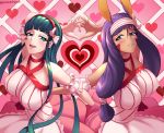  2girls alternate_costume animal_ears bangs blunt_bangs blush bow cleopatra_(fate/grand_order) closed_mouth collarbone dress embarrassed english_commentary eyeshadow facepaint fake_animal_ears fate/grand_order fate_(series) green_hair hair_between_eyes hair_bow hairband halterneck heart heart_hands heart_hands_duo highres long_hair makeup multiple_girls nitocris_(fate/grand_order) open_mouth pachpachpach pink_bow pink_dress purple_hair rabbit_ears sidelocks smile straight_hair twitter_username valentine very_long_hair wavy_mouth 